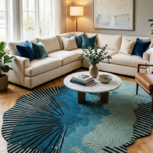 Hand-Tufted Abstract Wave Area Rug in Seafoam and Navy