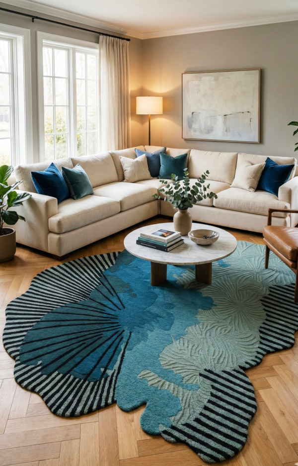 Hand-Tufted Abstract Wave Area Rug in Seafoam and Navy